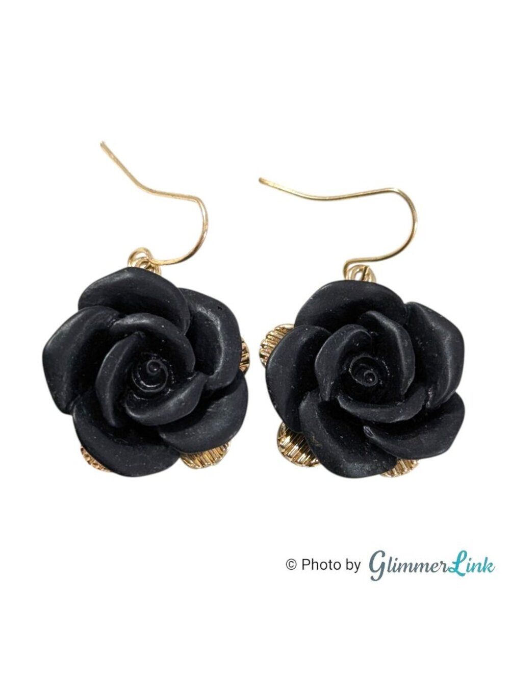 Black Floral Gothic Rose Dangle Gold Tone Pierced Earrings